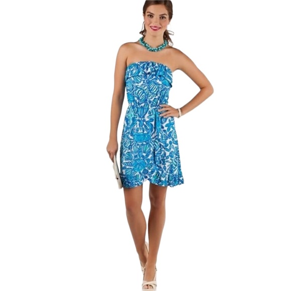 Lilly Pulitzer Strapless Ruffe Dress in Flor Shorely Blue Sailors Valentine - S - Picture 14 of 14